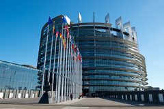 Gebouw Europees Parlement in Straatsburg met vlaggen 